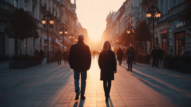 Couple strolls down a European city street at sunset, bathed in golden light.
