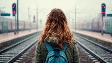 Fototapeta premium Woman standing on train tracks, waiting for a train to arrive at the station