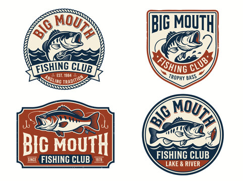 Set of vintage fishing club emblems with bass fish and typography