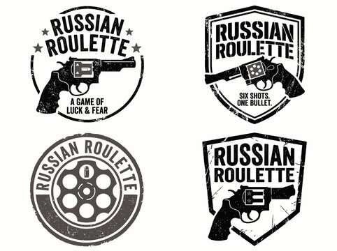 Set of vintage grunge emblems with revolver and russian roulette theme