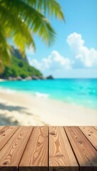 Fototapeta premium Empty wooden table against blurred summer beach background, landscape, design, scenic