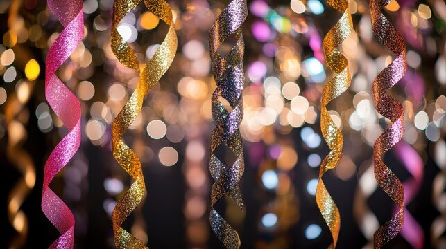 Glittering gold and silver streamers with festive bokeh lights create a vibrant party decoration