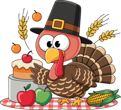 Thanksgiving Turkey Illustration with Pie Apples Corn and Wheat
