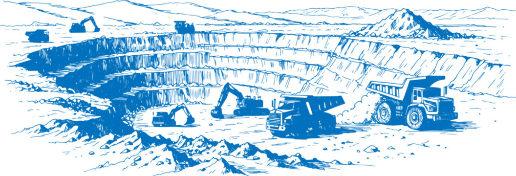 Large Open Pit Coal Mine with Terraced Excavation Layers, Mining Trucks and Excavators, Heavy Mining Industry Detailed Vector Line Art on White Background