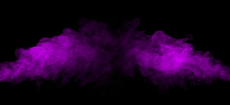 Abstract purple smoke cloud isolated on black background with fine floating particles, vibrant vapor texture, swirling mist effect, dramatic motion, colorful overlay for visual effects.