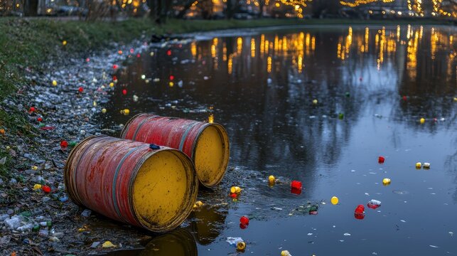Industrial waste barrels leaking chemicals into a polluted urban canal at dusk with reflections
