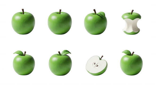 green apples arrayed on a white background some altered fruit anatomy possibly for healthy eating food education or advertising