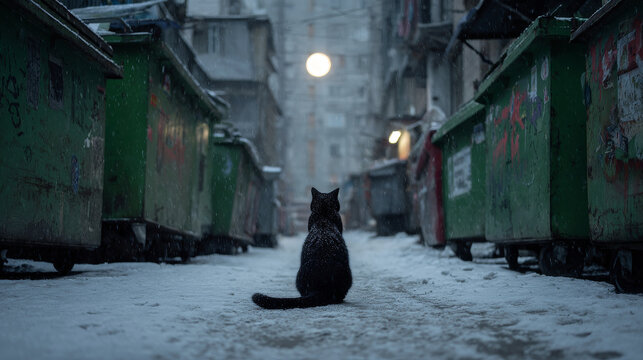 Black cat with snow on its fur sits in snowy alleyway between green dumpsters under glowing full moon at dusk