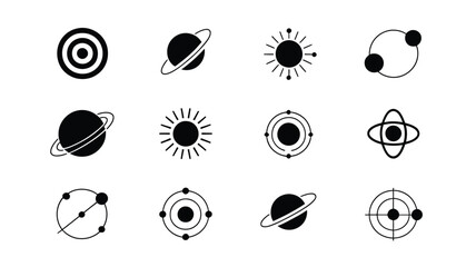 Minimalist space and astronomy logo icons collection featuring black linear planets, Saturn rings, solar systems, sun bursts, and orbits. © Atikul