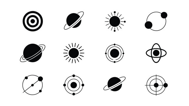 Minimalist space and astronomy logo icons collection featuring black linear planets, Saturn rings, solar systems, sun bursts, and orbits.