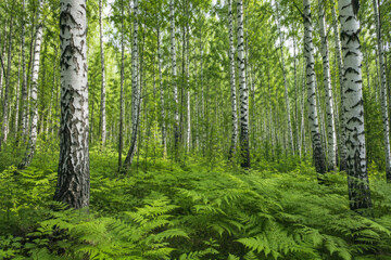 Fototapeta premium Lush Green Birch Forest with Ferns in Summer