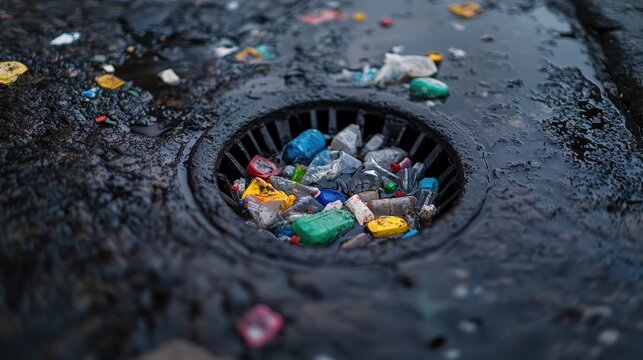 Overflowing city storm drain choked with colorful plastic waste and debris on an overcast day, highlighting urban pollution