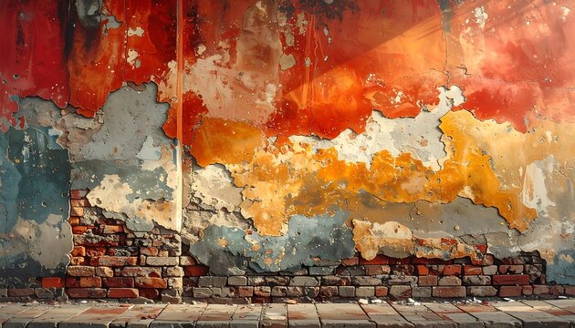 Close-up of aged, crumbling wall exposing brick, showing layers of peeling paint in vibrant reds, oranges and white, with sunlight