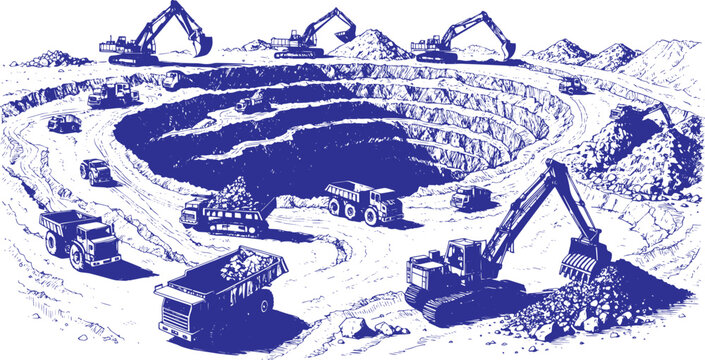 Large Open Pit Coal Mine with Terraced Excavation Layers, Mining Trucks and Excavators, Heavy Mining Industry Detailed Vector Line Art on White Background