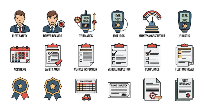 Vehicle Fleet Management Icons: Safety, Inspection, Compliance, Telematics & Maintenance