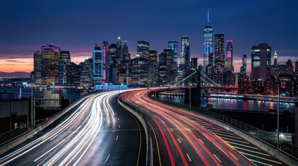 Obraz premium Dynamic city skyline with light trails at dusk.