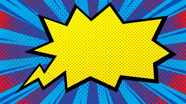 Bright yellow comic starburst on radial pop art background.