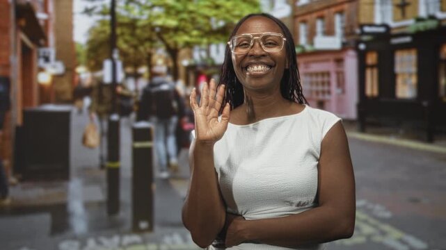 Young african american woman waving hand and smiling on street near storefronts and bollards; joy friendly greeting.