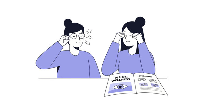 Vision Check: Woman Adjusts Glasses, Another Covers Eyes Near Eye Wellness Brochure