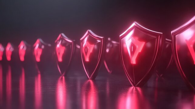 Row of glowing red digital security shields with protection symbols against a dark background, representing cyber defense and data breach prevention.