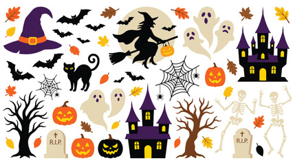 Fototapeta premium Spooky halloween scene illustrations with haunted castle witch flying ghosts and skeletons.