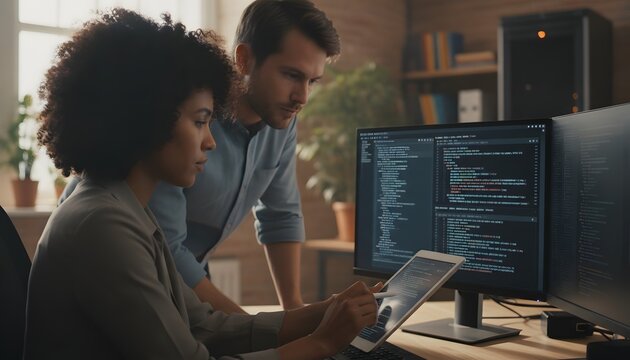 Diverse Software Developers Collaborating on Code in Office