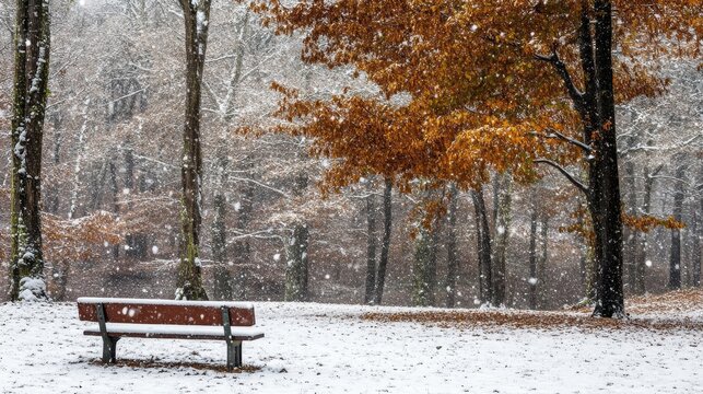 Snowy park scene with a bench and autumn foliage, depicting the transition of seasons in a tranquil winter setting