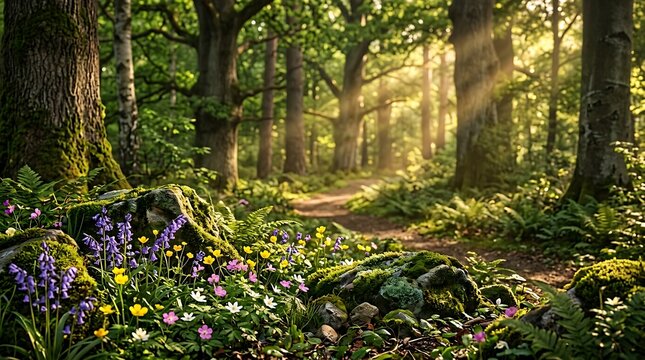 Sunlit Forest Path with Spring Wildflowers and Ancient Trees