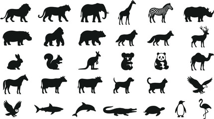 Fototapeta premium Detailed animal silhouettes depicting shark dolphin eagle owl and many other types of wild species