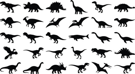 Diverse set of prehistoric dinosaur silhouettes featuring raptors sauropods and flying pterodactyls © Fensi
