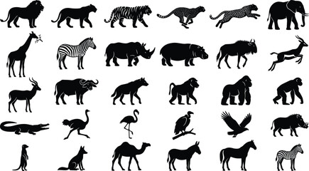 Large african animal silhouettes including mammals birds and reptiles for safari collection icons © Fensi