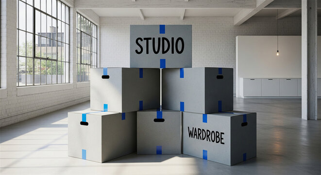 Industrial cardboard moving boxes in empty studio, stacked storage containers with studio and wardrobe labels, bright loft relocation concept