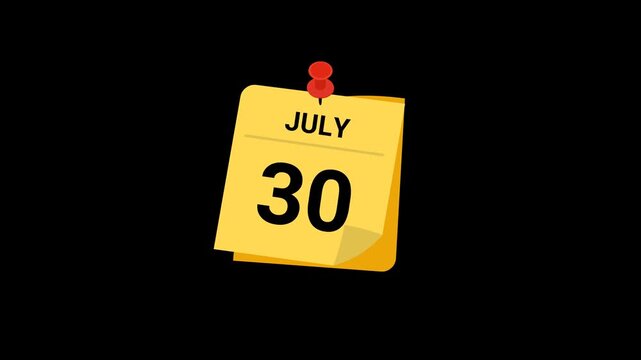 animated sticky note calendar showing July 30 with transparent background