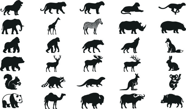 Detailed animal silhouettes collection featuring mammals big cats primates and forest wildlife icons