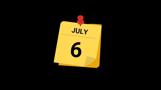 animated sticky note calendar showing July 6 with transparent background