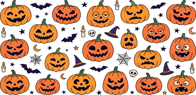 Retro Halloween Jack O Lantern Pumpkin Vector Set with Funny Face Expressions Witch Hats Bats and Skulls for Autumn Holiday Party Graphic Designs