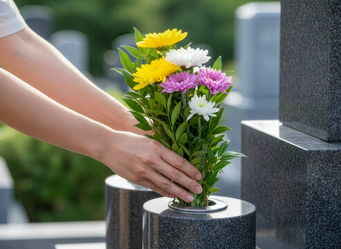 お盆の帰省でお墓にお花をお供え１