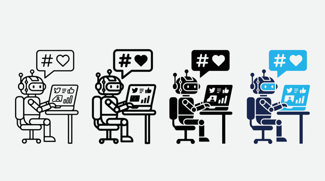 Robot worker at office desk using computer with social media icons and speech bubble set vector.
