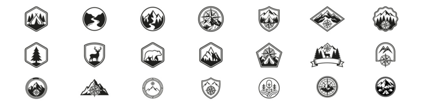Adventure inspired logo badge collection with mountain scenery, trees, wildlife, hiking, and camping symbols.