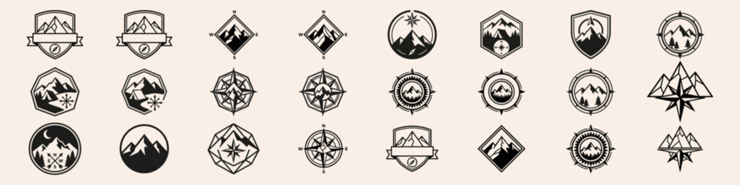 Nature inspired logo badge set with mountain peaks, pine trees, camping tents, compass, and wildlife. Black vector on white background.