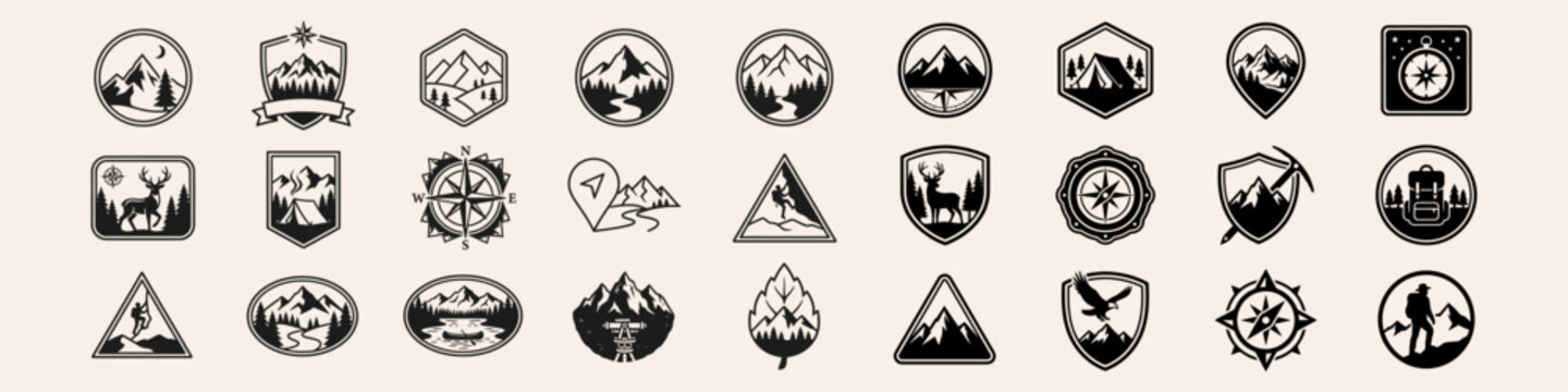 Black nature logo badges with mountain scenery, camping adventures, forests, hiking, and wildlife. Modern vector collection.