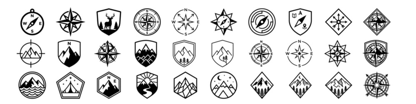 Set of modern mountain and nature logo badges featuring forest landscapes, wild animals, camping scenes, hiking symbols, and compass designs. Black monochrome vector collection isolated on white.