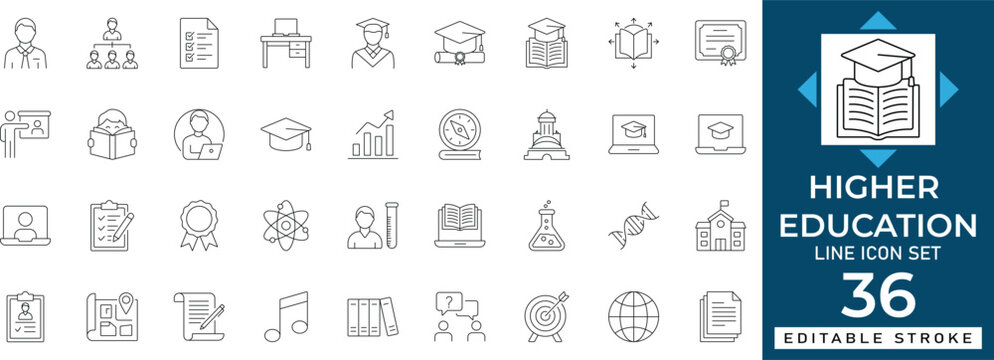 Higher education line icon set featuring university, academy, academic, research, graduation, college, and student. Professional editable vector illustration for educational app and UI UX design.
