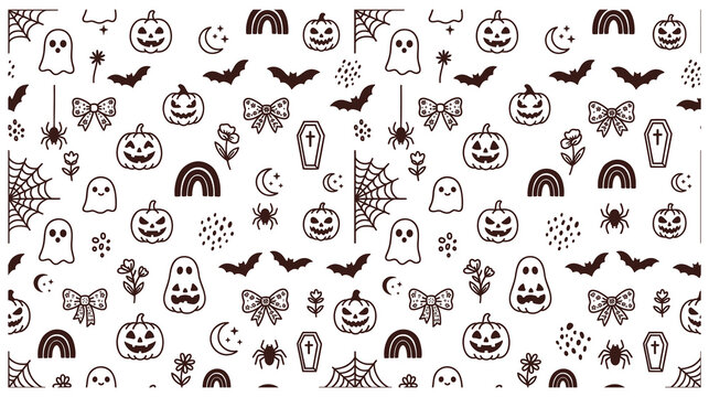 Halloween pattern with pumpkins, ghosts, bats, spiders, cobwebs, moons, rainbows.