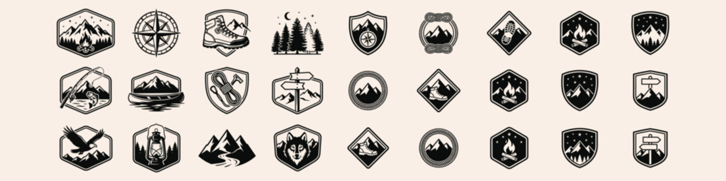 Outdoor exploration logo set with mountain scenery, forest elements, camping themes, wildlife graphics, hiking icons, and compass badges.