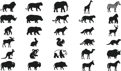 Vector silhouette collection showing various animals including elephant bear giraffe and panda bear © Fensi