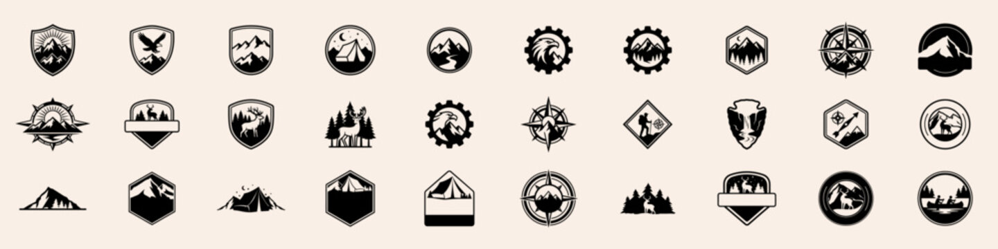 Minimal black outdoor logo badge set featuring mountain, forest, wildlife, compass, and camping elements.