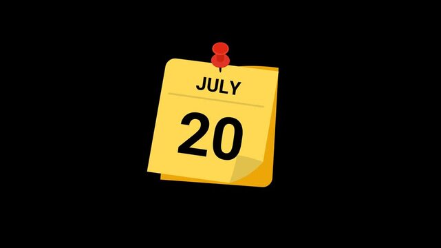 animated sticky note calendar showing July 20 with transparent background