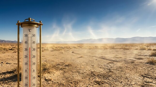 Extreme Heat Wave Thermometer in Scorched Desert Landscape