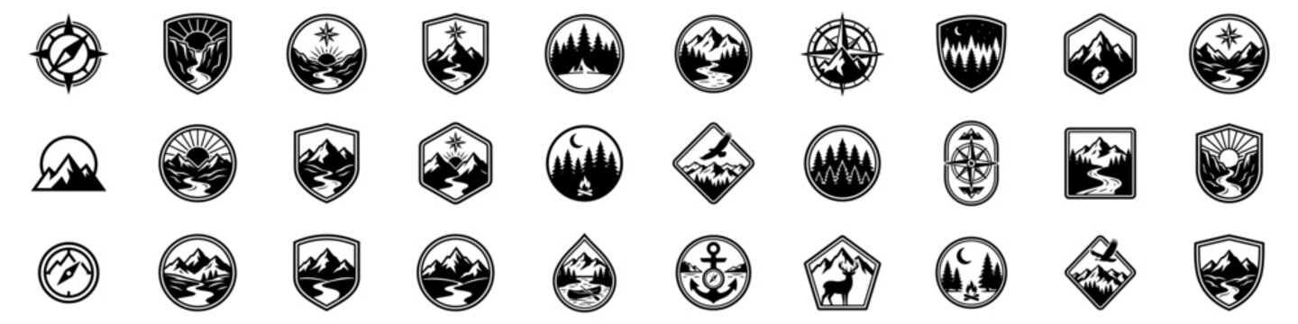 Outdoor lifestyle logo collection featuring mountains, forests, wildlife, camping gear, hiking symbols, and compass emblems